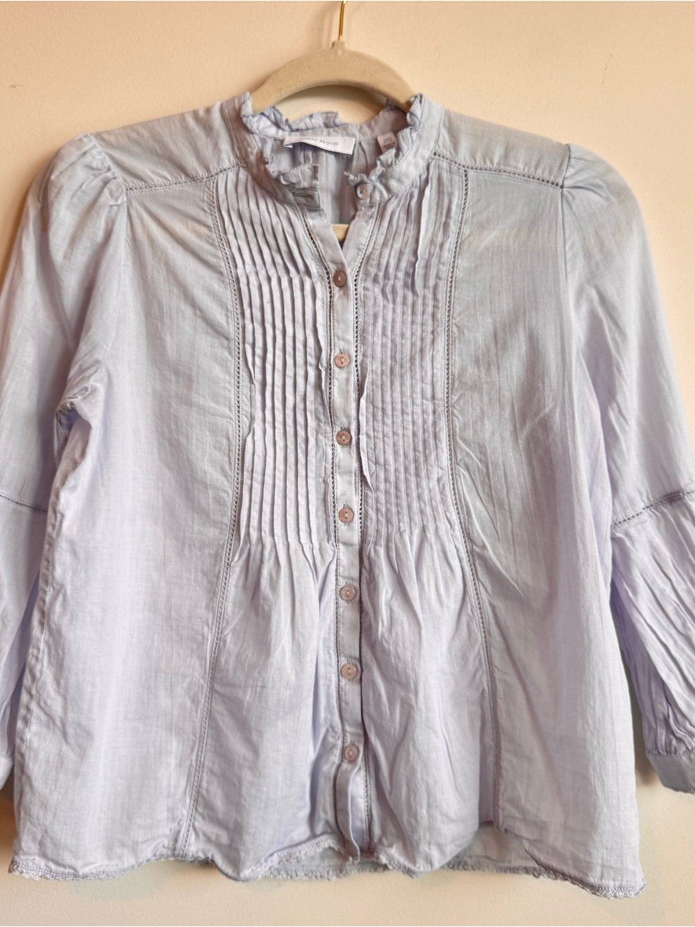 Aritzia Little Moon 2XS Pale Light Blue Ruffle Pintuck Blouse